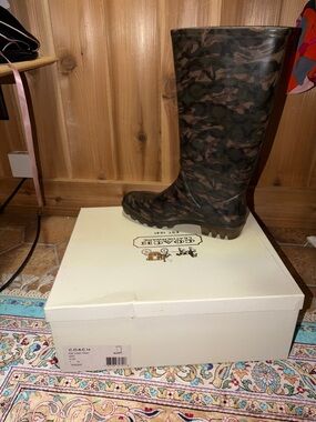 Coach Camouflage Tall Rain Boot in Olive and Brown